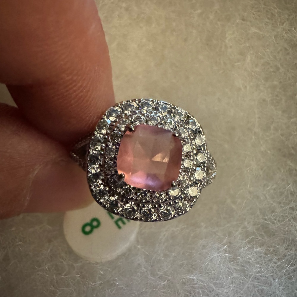 Elegant Vintage lab created pink and white topaz on a triple rhodium plated band